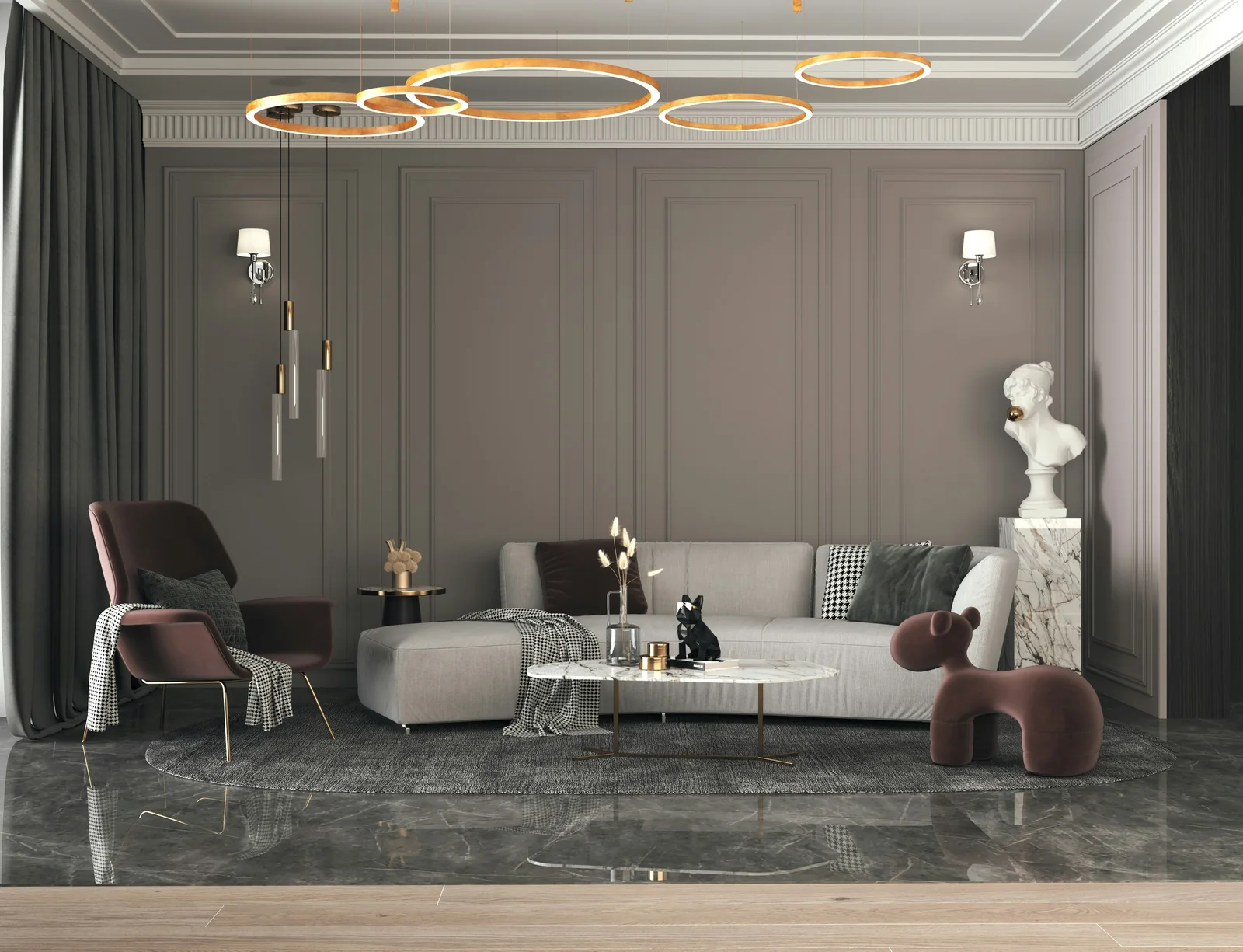 Refined luxury living room with designer lighting