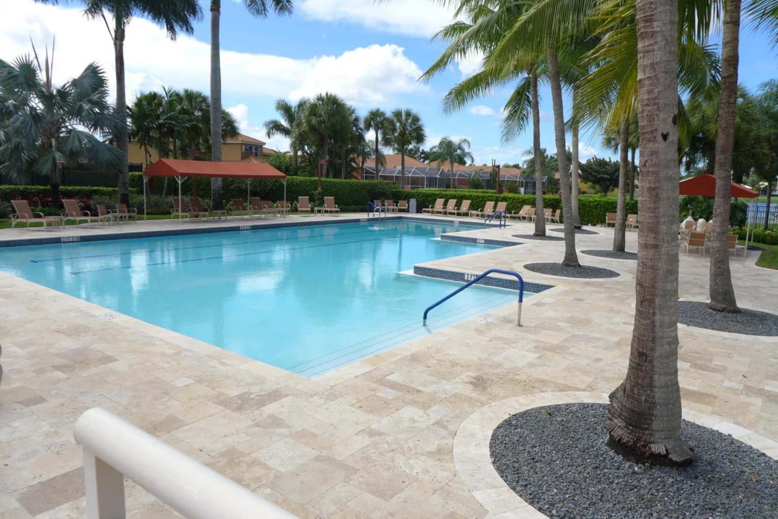 The clubhouse pool at Newport Bay Club, lap lanes and loungers on a travertine deck beneath the palms. It is a community amenity, not the pool at 6543 Newport Lake Circle