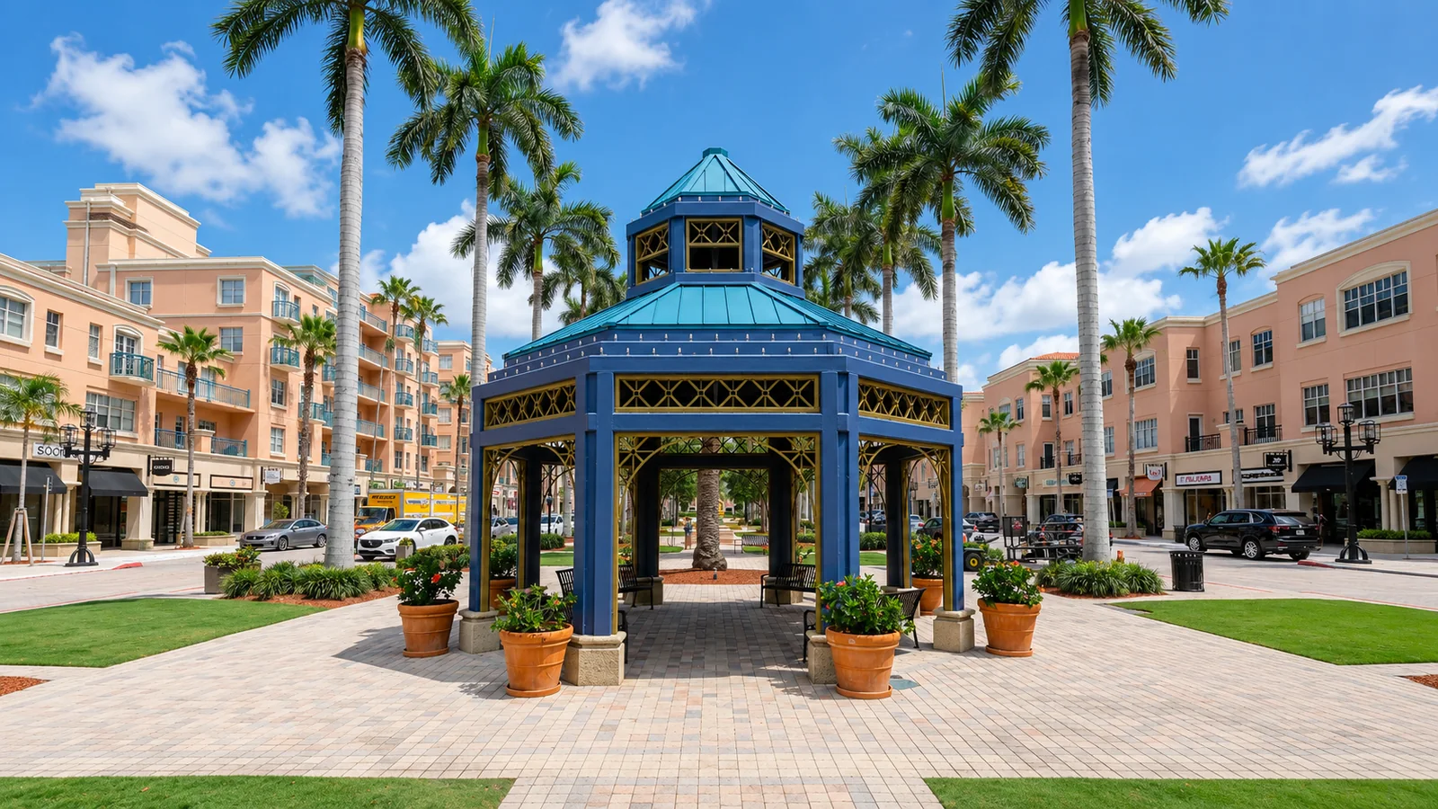 Mizner Park in Boca Raton on a sunny day